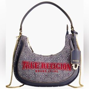 NWT True Religion Blue and Red Small Hobo Bag with Metallic Accents
